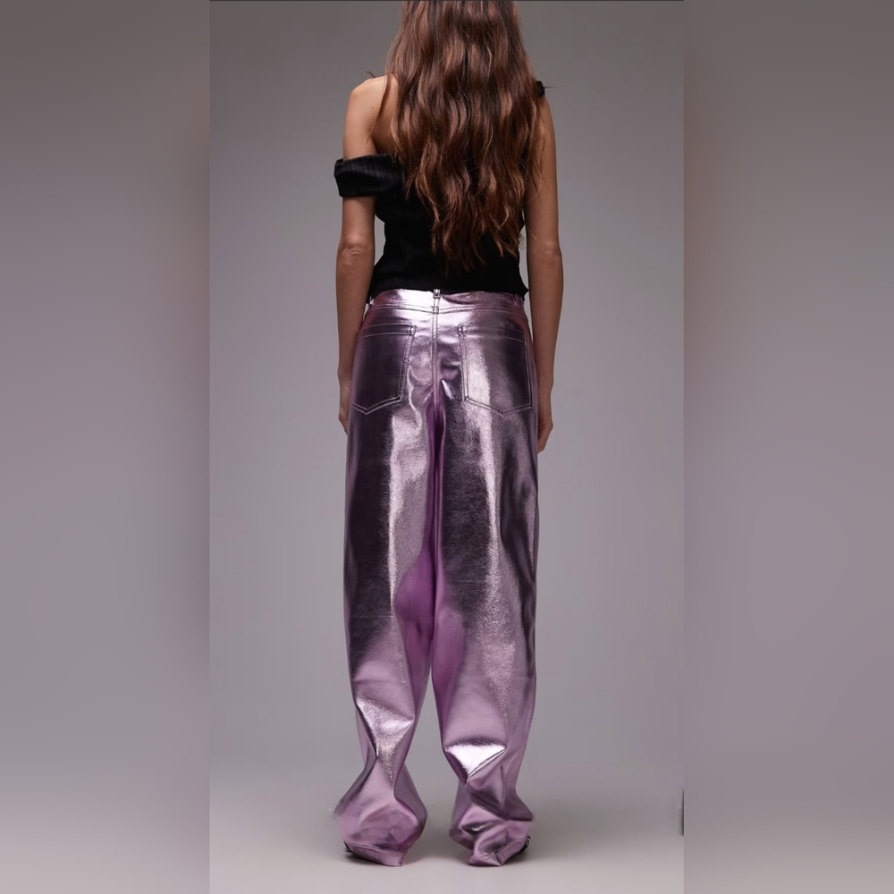 Topshop straight leg faux leather pants in metallic pink Sz 8 NWOT - Picture 2 of 12